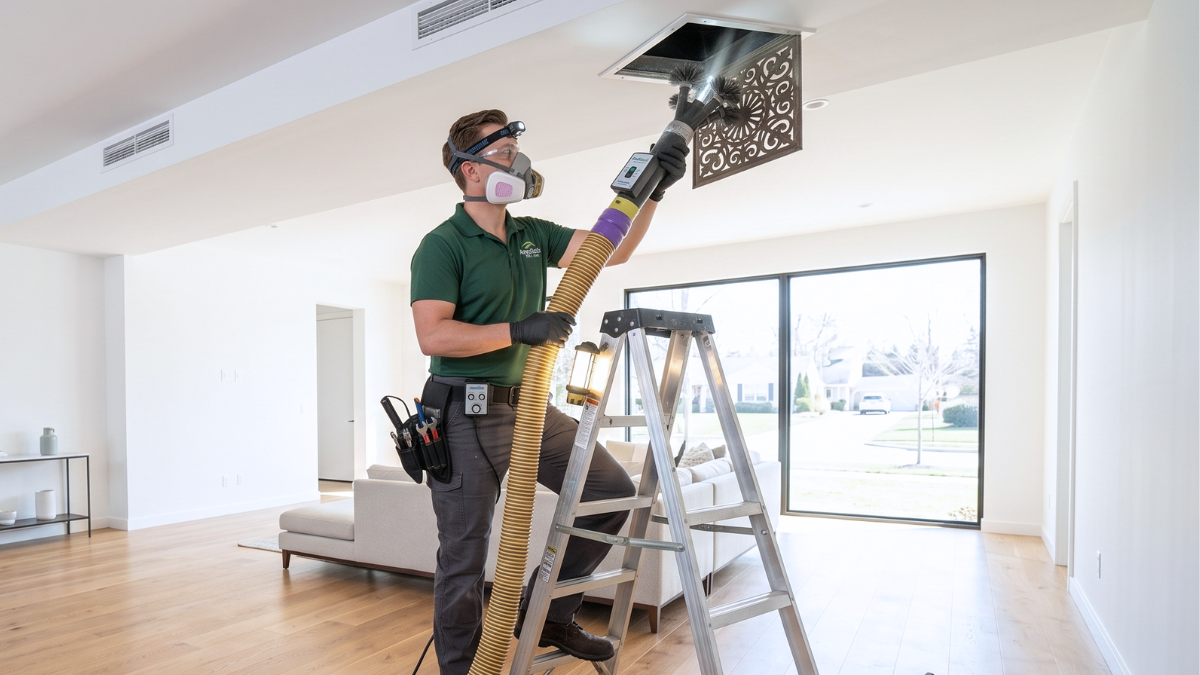 Trusted Las Vegas professional cleaning a ceiling air duct in a bright modern home.