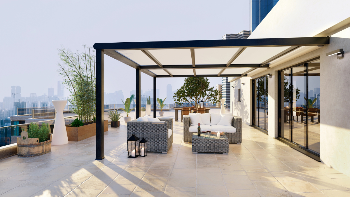 Urban rooftop patio area