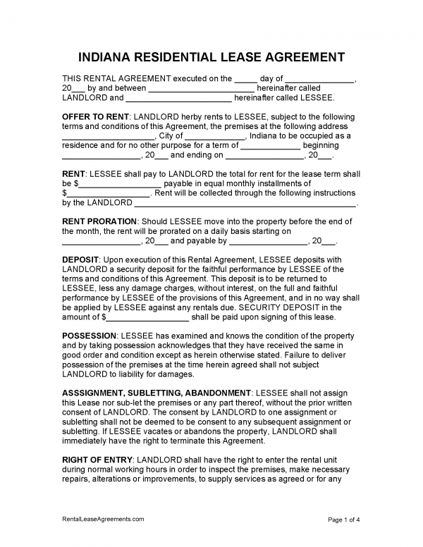RentalLeaseAgreements Indiana Residential Lease Agreement 