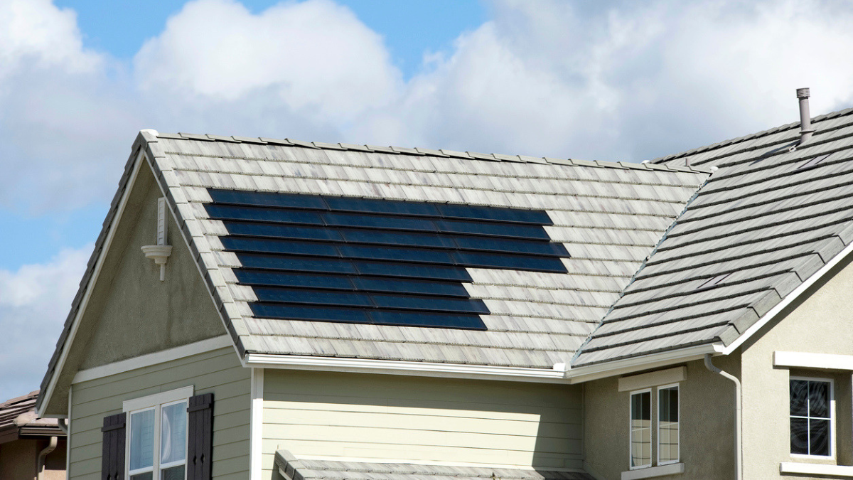 Solar shingles integrated into a home's roof.