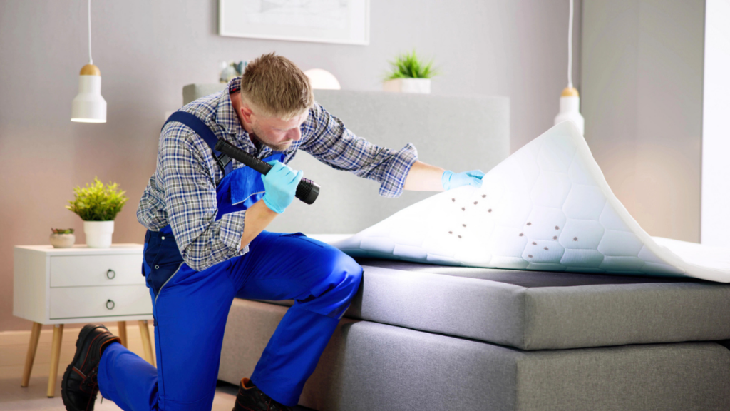 Pest control technician inspects apartment mattress for bed bugs using tenant-safe treatment guidelines and prevention.