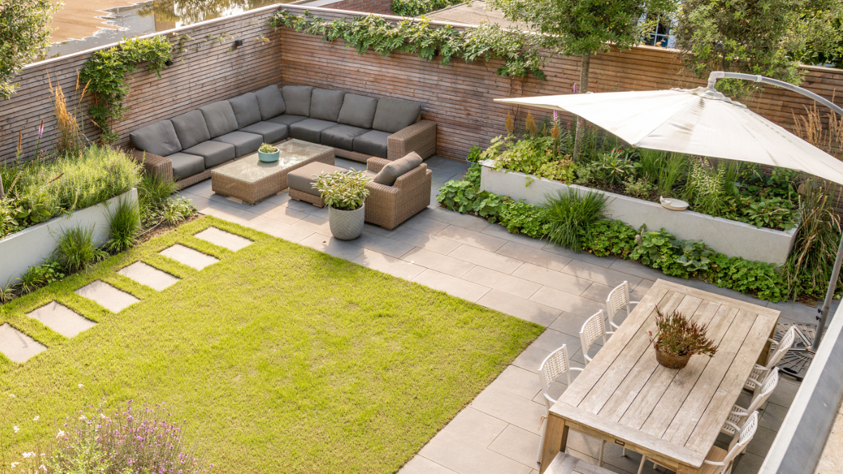 Backyard outdoor living zones combine patio seating, dining space, lawn, and garden planting areas efficiently.