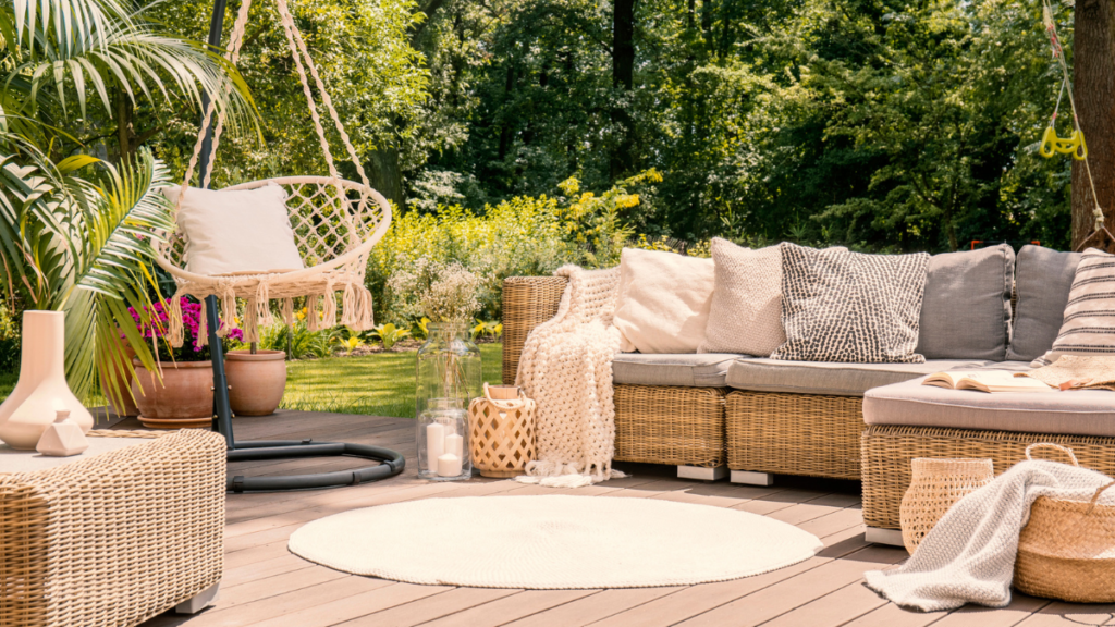 Beige outdoor rug enhances patio seating with durable neutral style for reliable backyard comfort design.