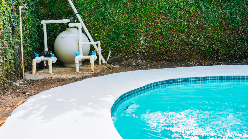 Rental property pool with filtration system shows maintenance steps for clean water and long-term upkeep.