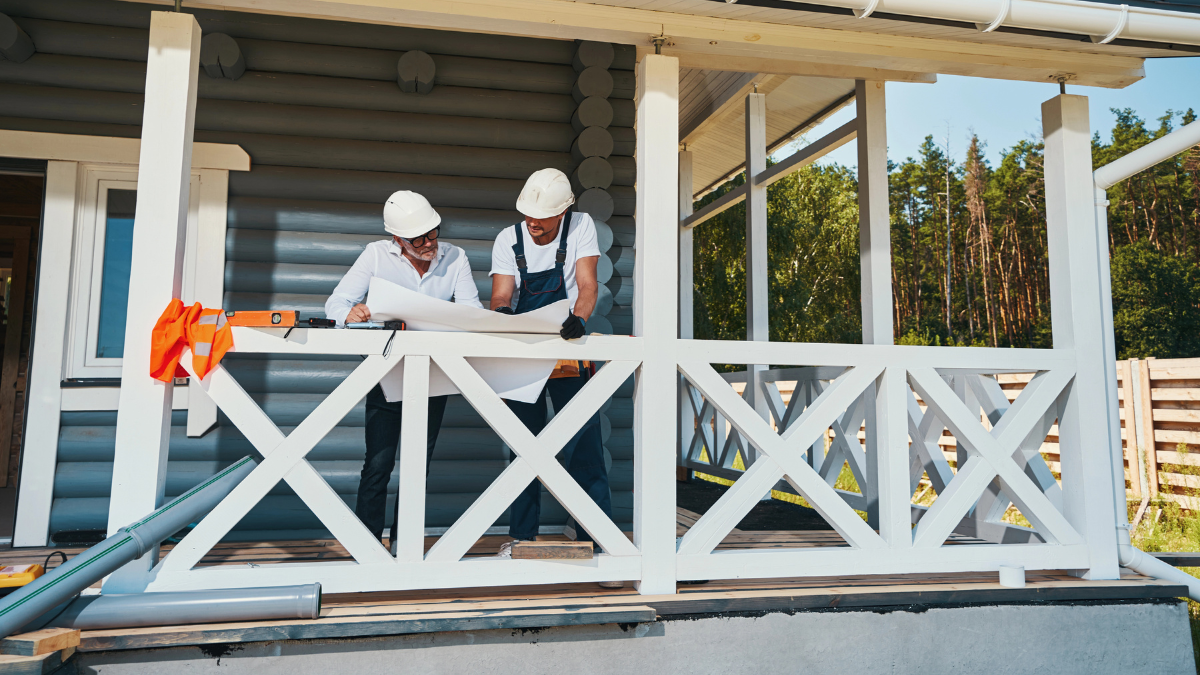 Construction workers planning home improvement project
