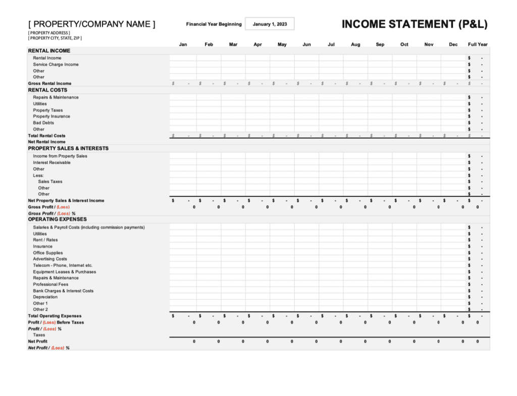 Rental Property Income Statement Template