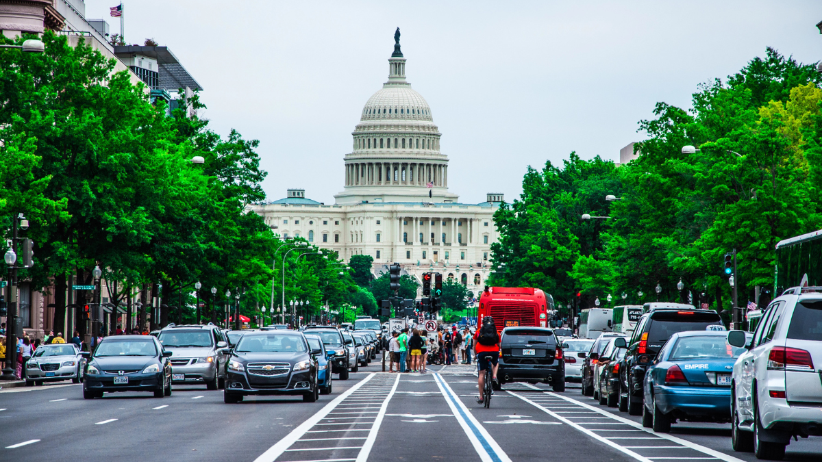Street view of pedestrian friendly Washington D.C.