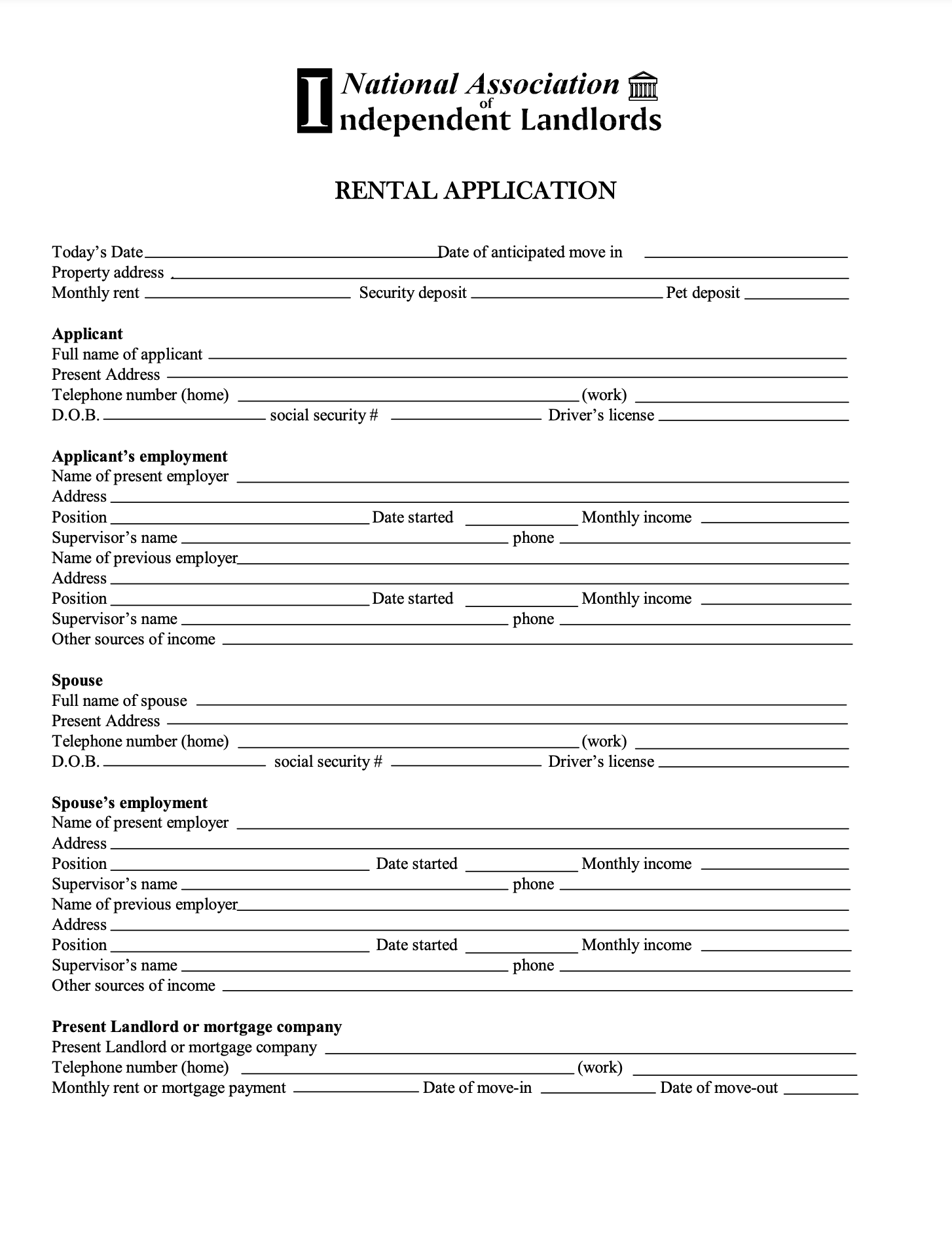 National Association of Independent Landlords Residential Application Form
