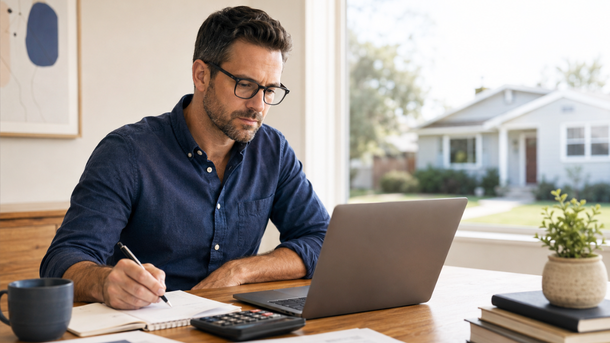 Real estate investor analyzing rental property income, expenses, and financing before purchasing.