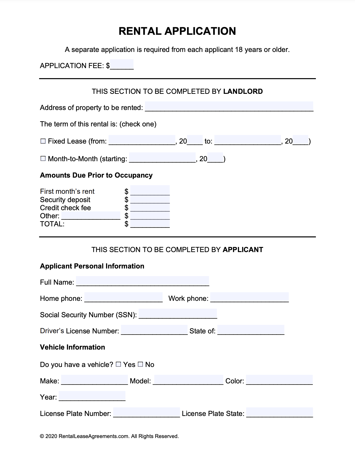 RentalLeaseAgreements.com Residential Application Form