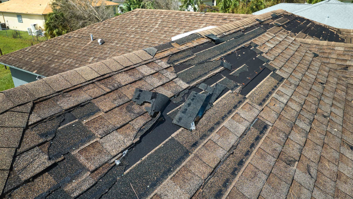 Single story property with damaged roof shingles from high wind.