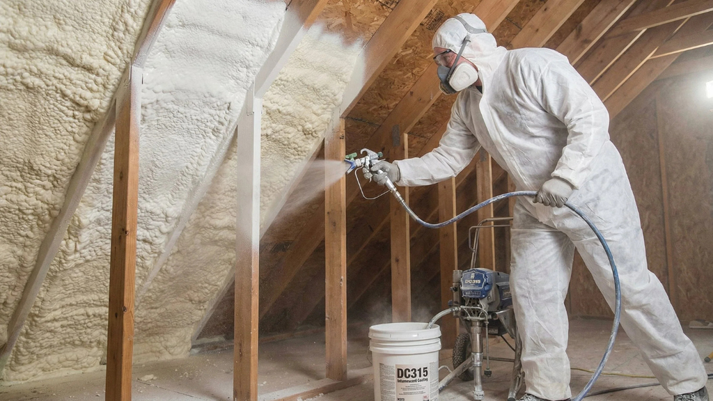 Spray foam insulation contractor applying attic insulation showing what homeowners can expect during professional installation.