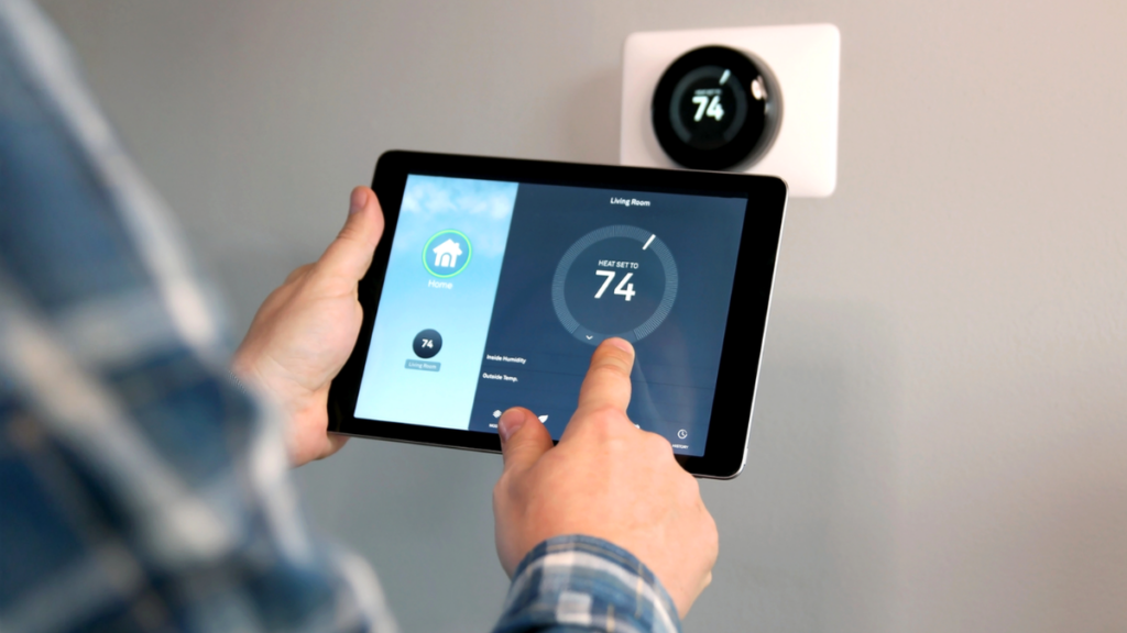 Man adjusting home temperature using a tablet and smart thermostat.